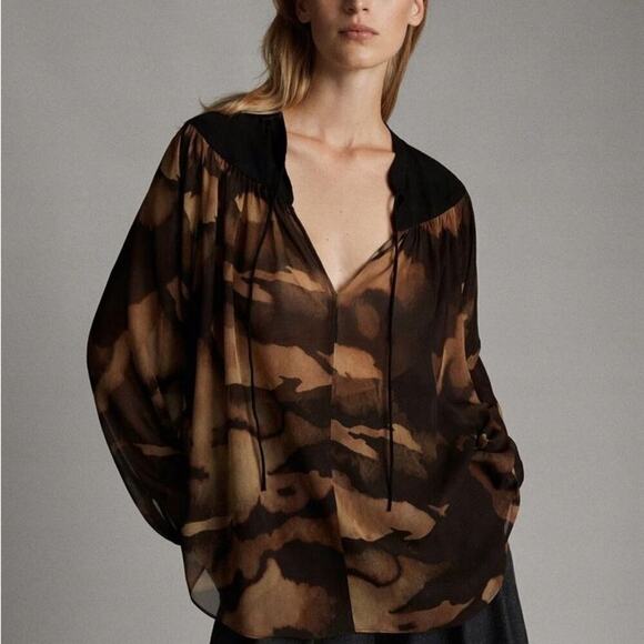 Massimo Dutti black brown tie front semi sheer draped blouse top size small - Picture 1 of 8